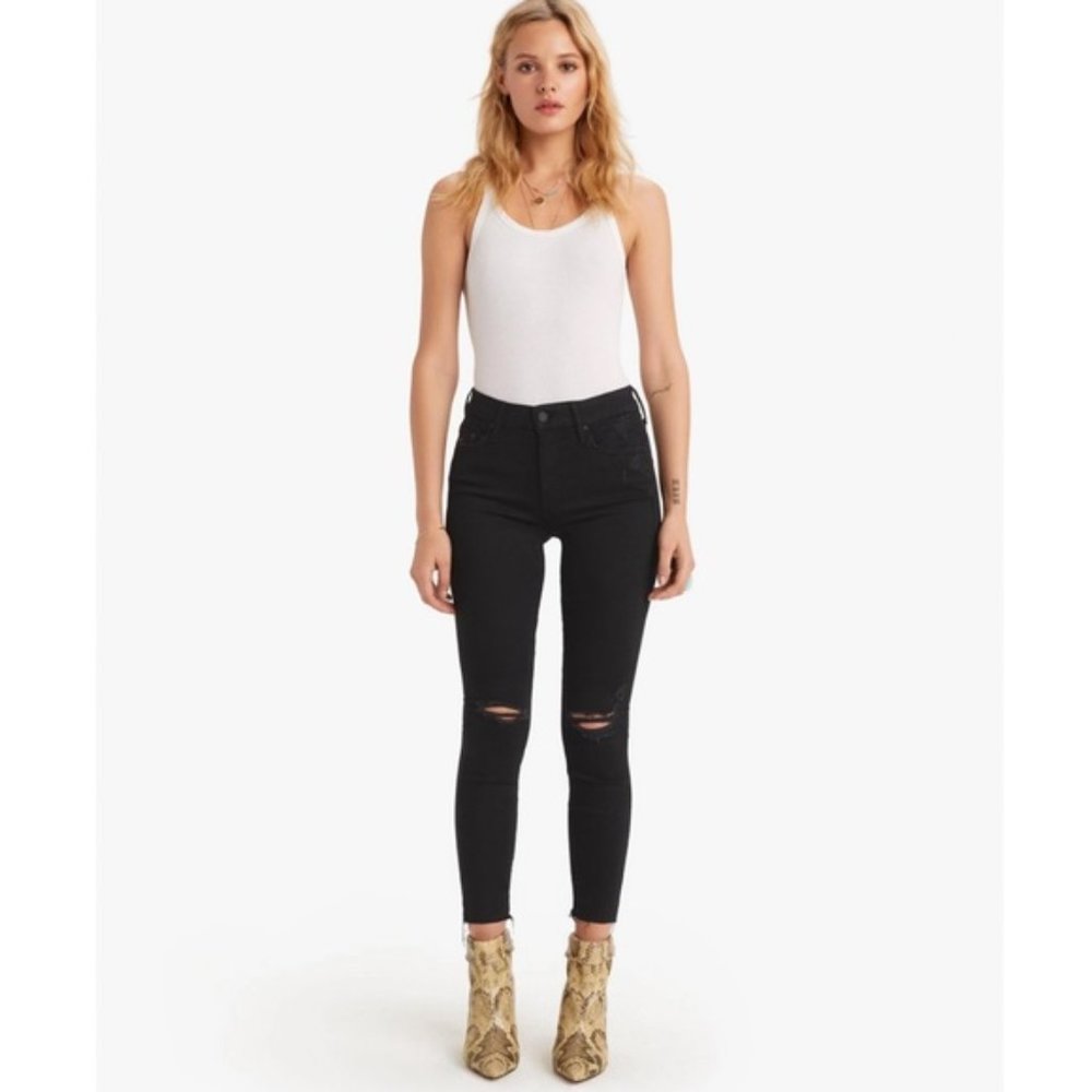 MOTHER Black Distressed Looker Ankle Fray Guilty As Sin Skinny Jeans 25